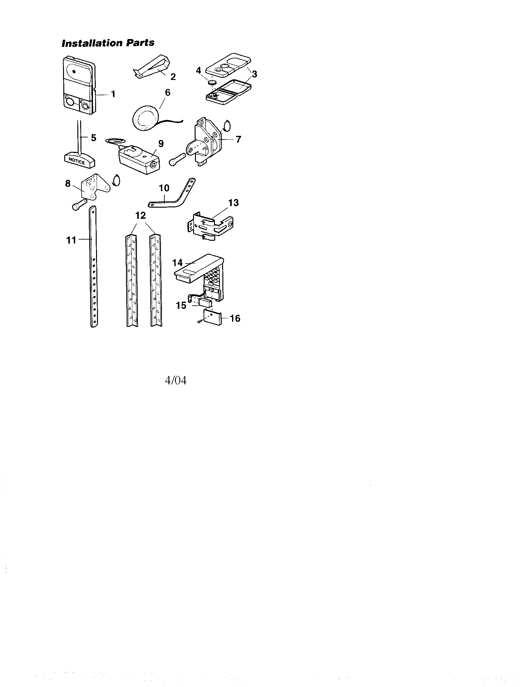 Installation Parts Diagram and Parts List for 1395399211  Craftsman Garage Door Opener