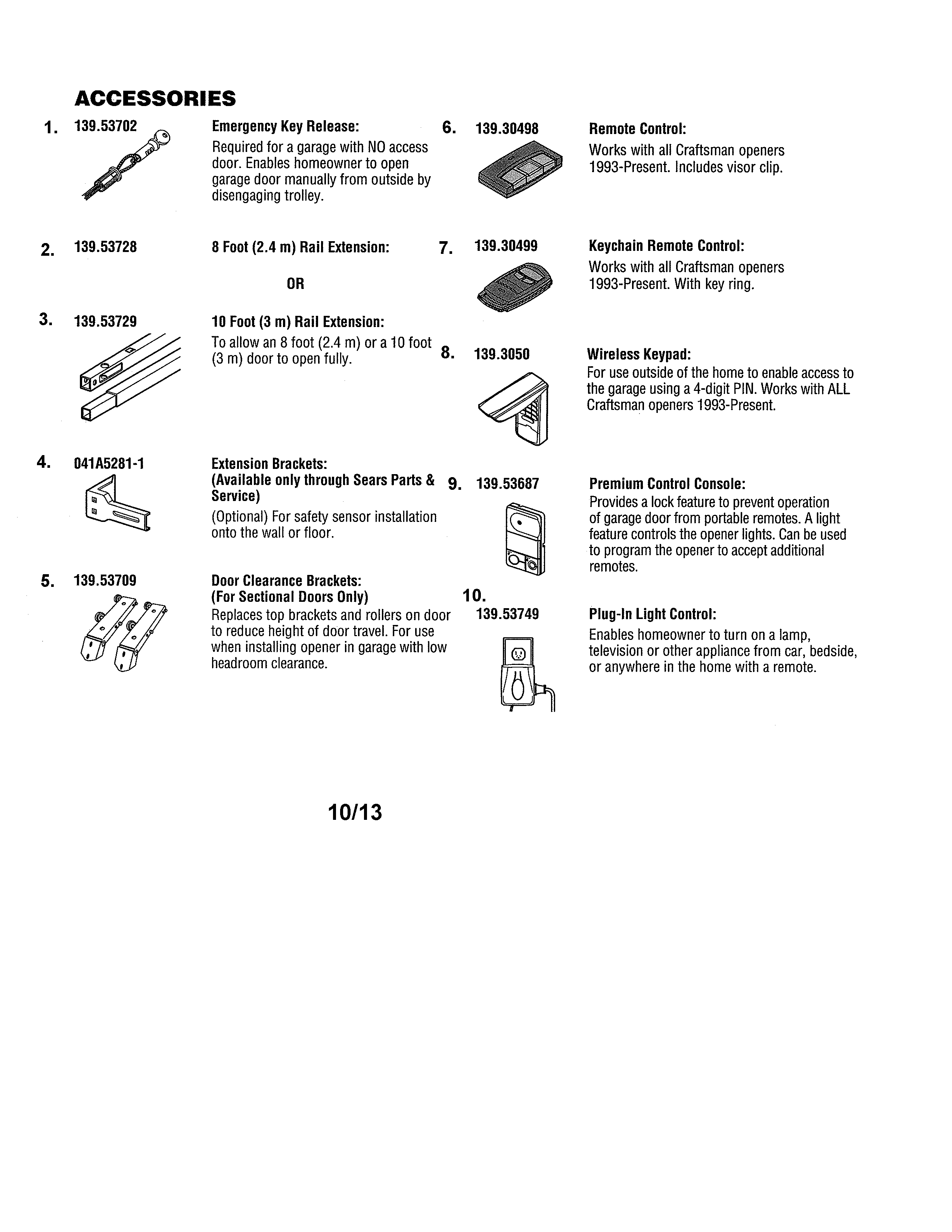 Accessories Diagram and Parts List for 13953915D  Craftsman Garage Door Opener