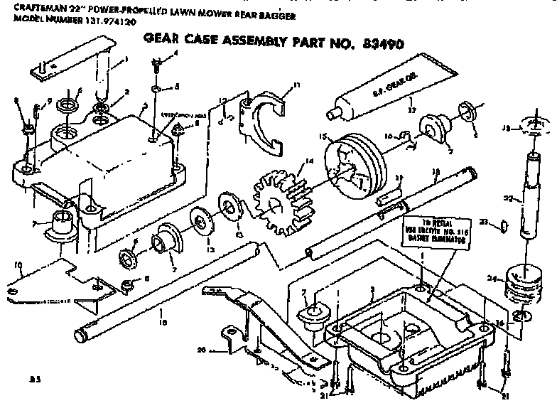 Gear Case Assembly Diagram and Parts List for 131974120  Craftsman Lawn Mower