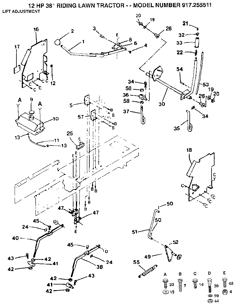 Lift Adjustment Diagram and Parts List for 917255511  Craftsman Lawn Tractor