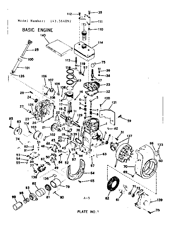 Basic Engine Diagram and Parts List for 143564092  Craftsman Engine