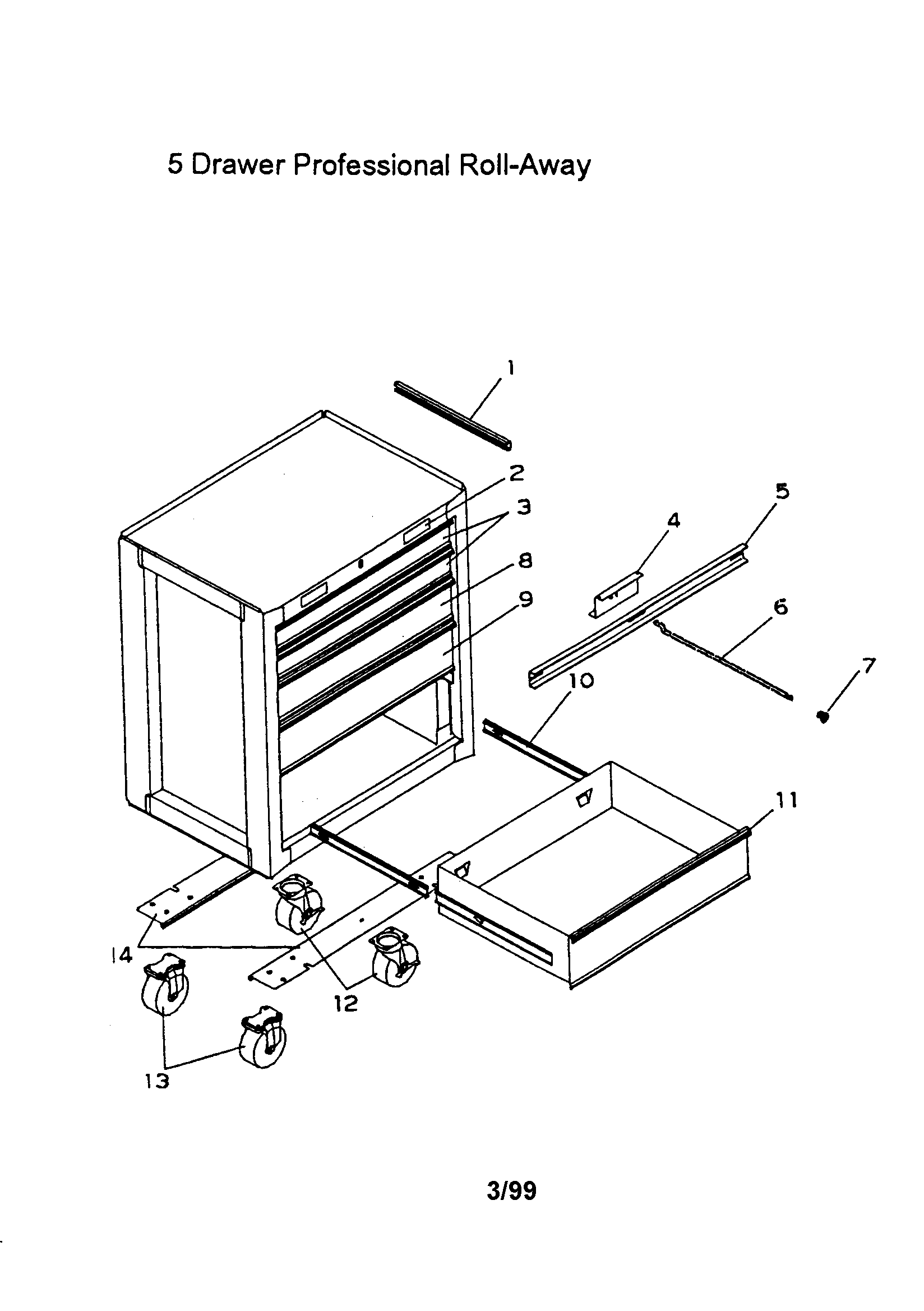 5 Drawer Professional Roll-away Diagram and Parts List for 706651945  Craftsman Tool Stand & Cart