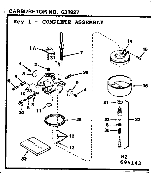 Carburetor Diagram and Parts List for 143696142  Craftsman Engine