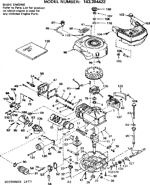 Replacement Parts Diagram and Parts List for 143284422  Craftsman Engine