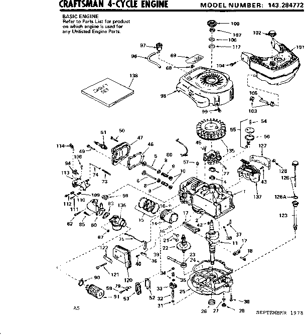 Replacement Parts Diagram and Parts List for 143284772  Craftsman Engine