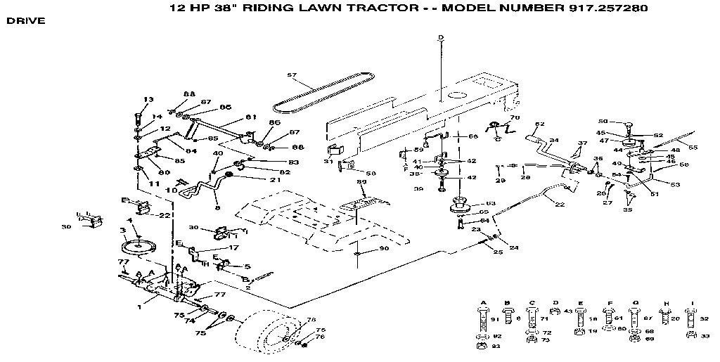 Drive Diagram and Parts List for 917257280  Craftsman Lawn Tractor