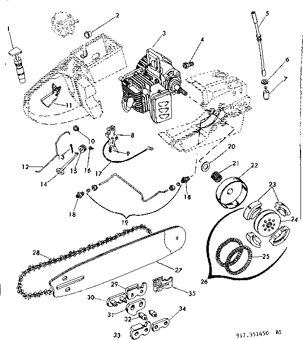 Chain/bar And Oil/fuel Parts Diagram and Parts List for 917351450  Craftsman Chainsaw