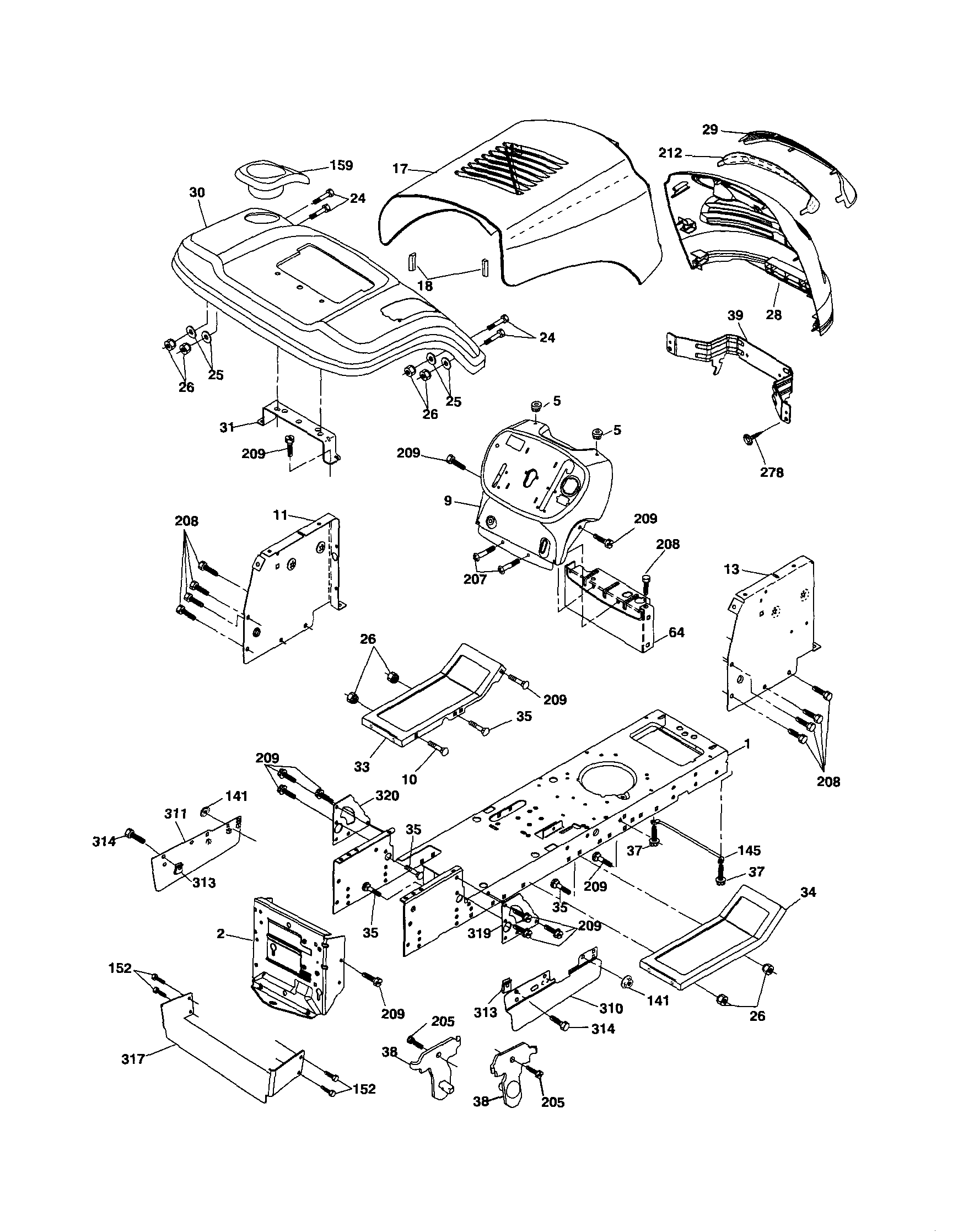 Chassis And Enclosures Diagram and Parts List for 917254010  Craftsman Lawn Tractor