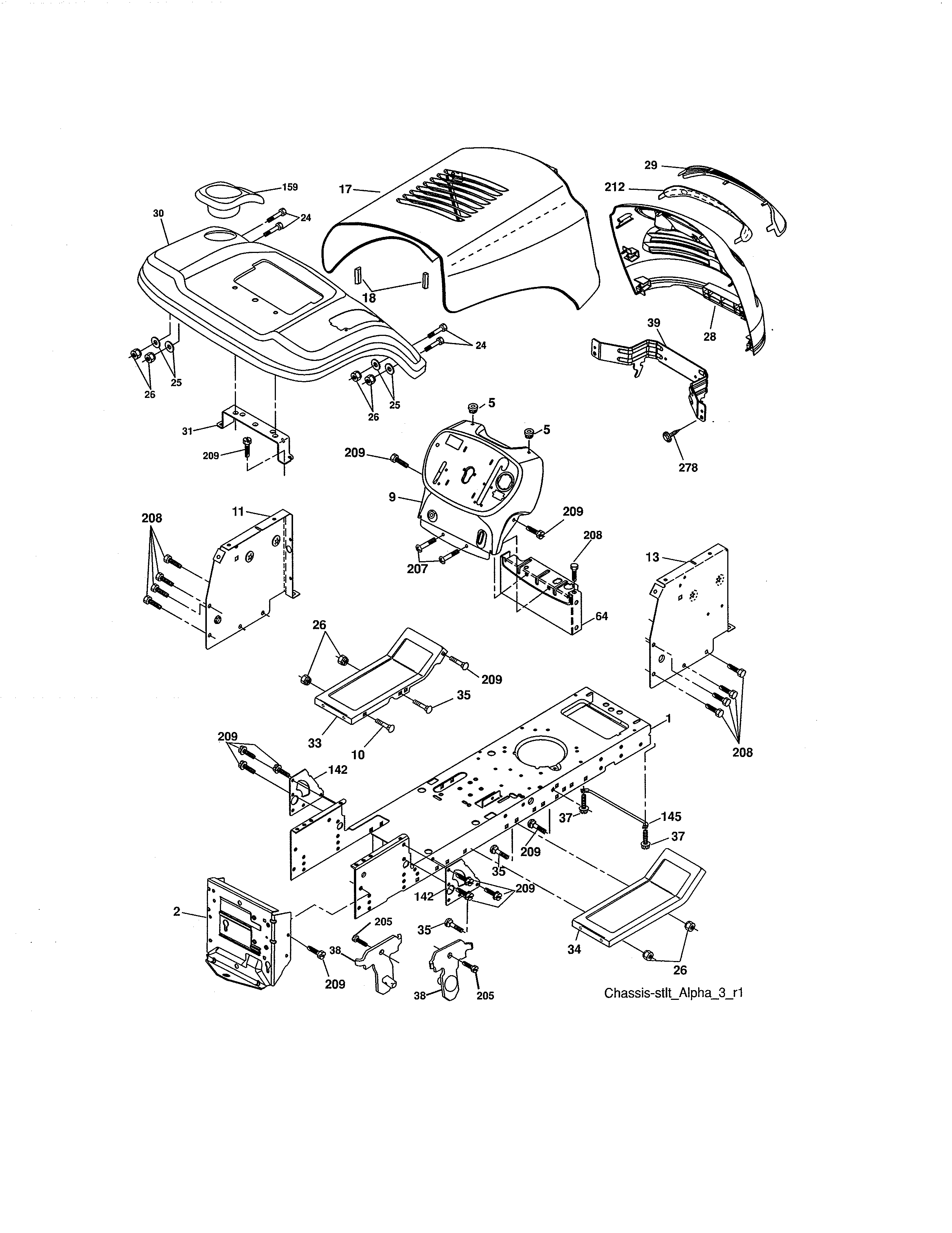 Chassis & Enclosures Diagram and Parts List for 917254703  Craftsman Lawn Tractor