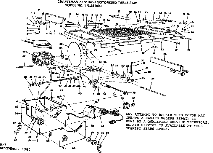 2 Inch Motorized Table Saw Diagram and Parts List for 113241600  Craftsman Table Saw
