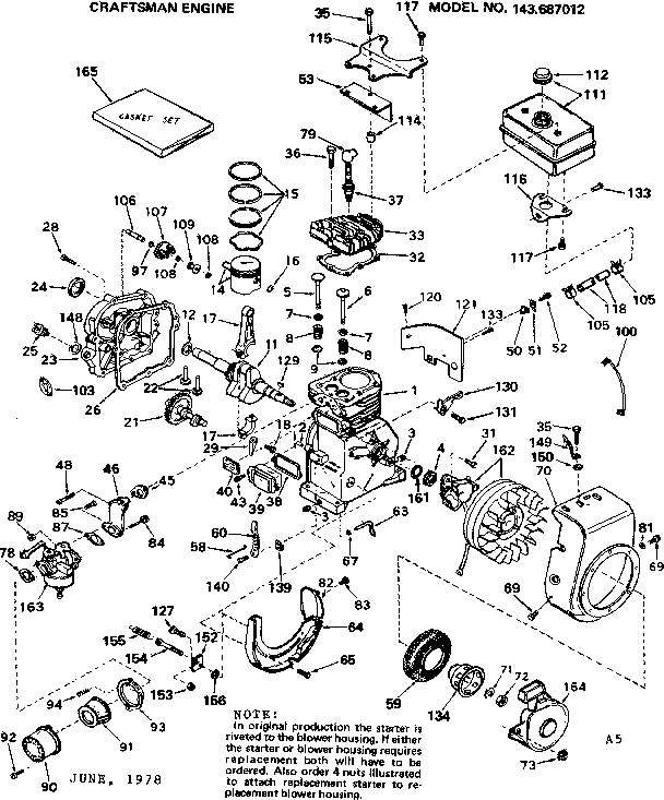 Replacement Parts Diagram and Parts List for 143687012  Craftsman Engine