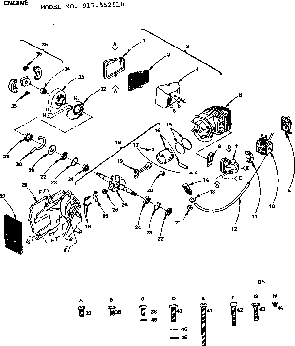Engine Diagram and Parts List for 917352510  Craftsman Chainsaw