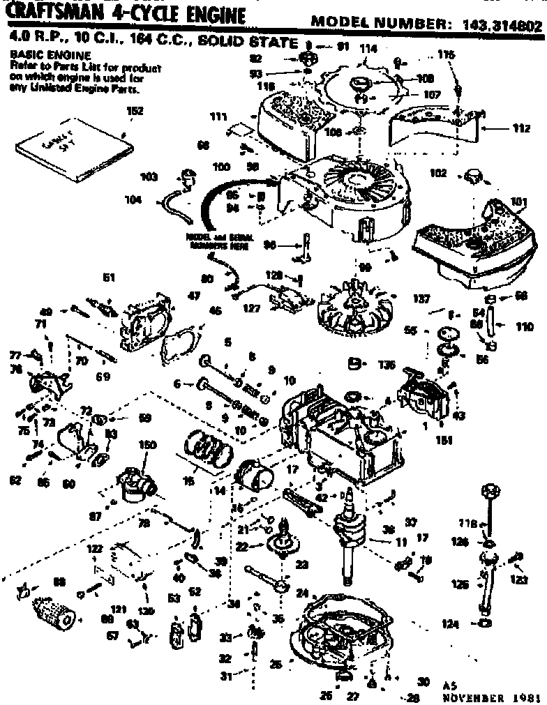 Replacement Parts Diagram and Parts List for 143314802  Craftsman Engine