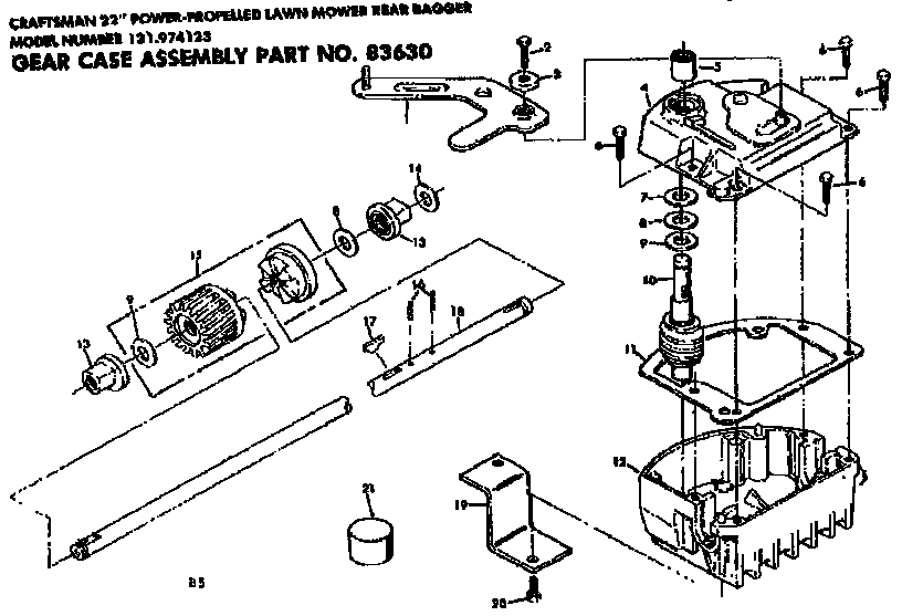 Gear Case Assembly Diagram and Parts List for 131974123  Craftsman Lawn Mower