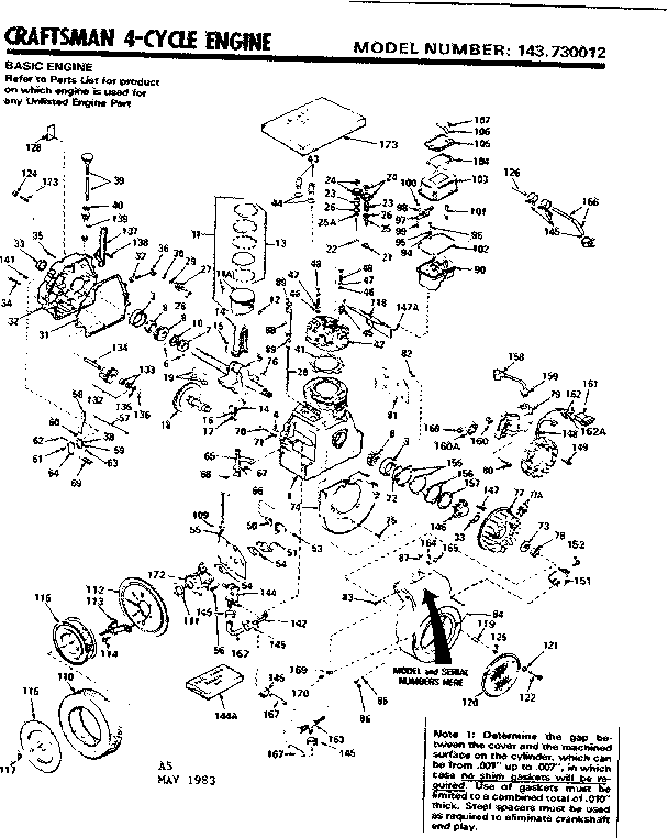 Replacement Parts Diagram and Parts List for 143730012  Craftsman Engine