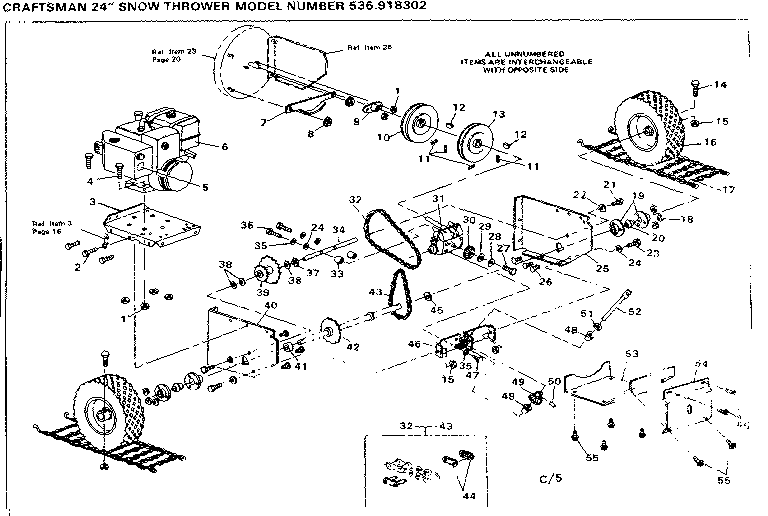 Wheel Assembly Diagram and Parts List for 536918302  Craftsman Snow Blower