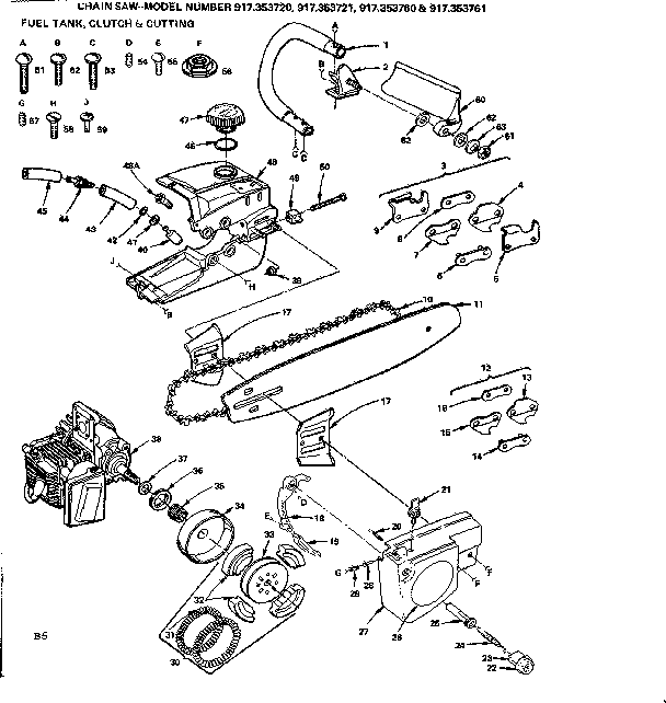 Fuel Tank, Clutch & Cutting Diagram and Parts List for 917353721  Craftsman Chainsaw