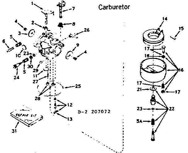 Carburetor Diagram and Parts List for 143207072  Craftsman Engine