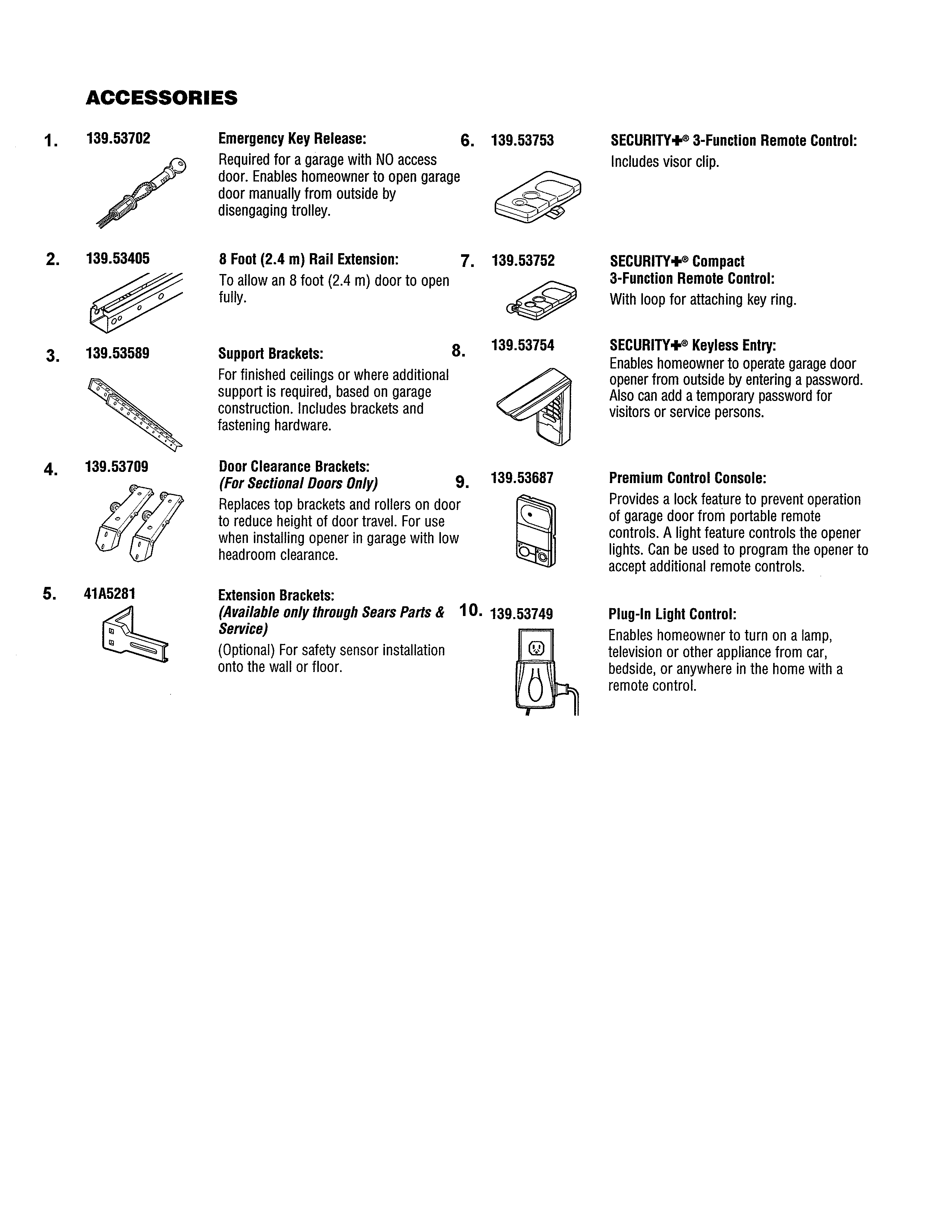 Accessories Diagram and Parts List for 13953902D  Craftsman Garage Door Opener
