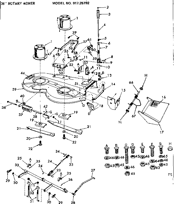 36 Inch Rotary Mower Diagram and Parts List for 91725792  Craftsman Lawn Tractor