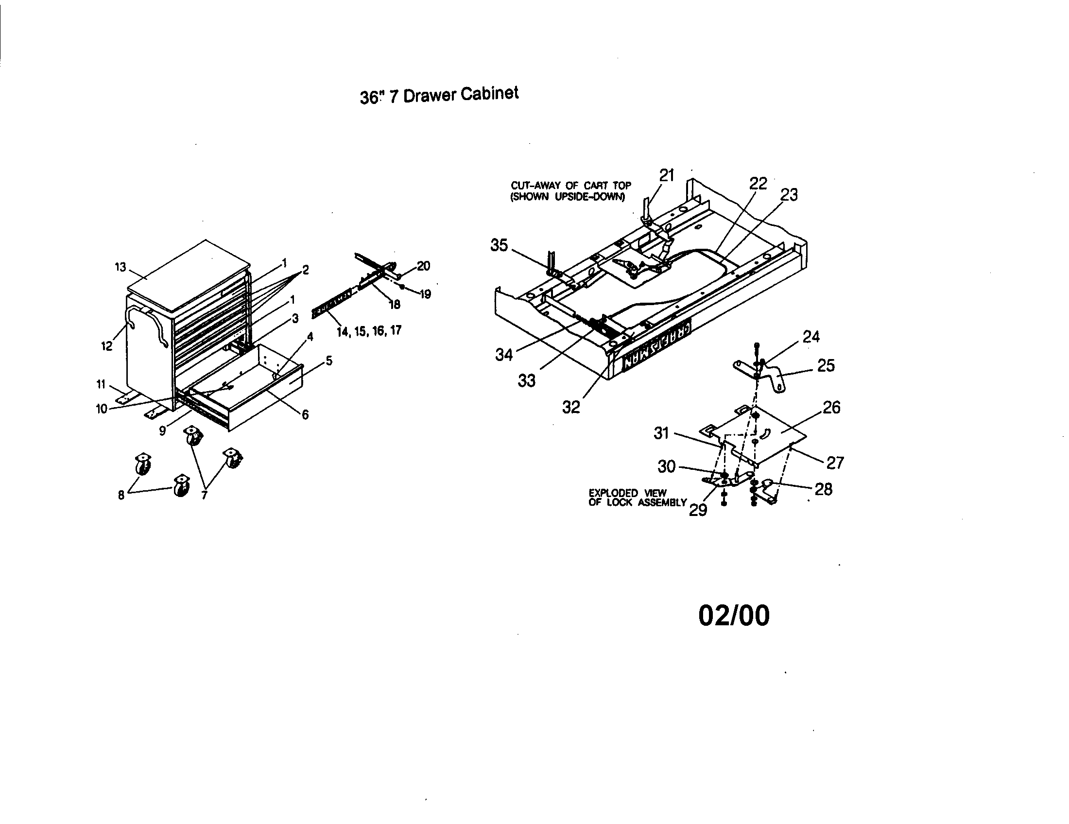36" 7 Drawer Cabinet Diagram and Parts List for 706654571  Craftsman Tool Stand & Cart