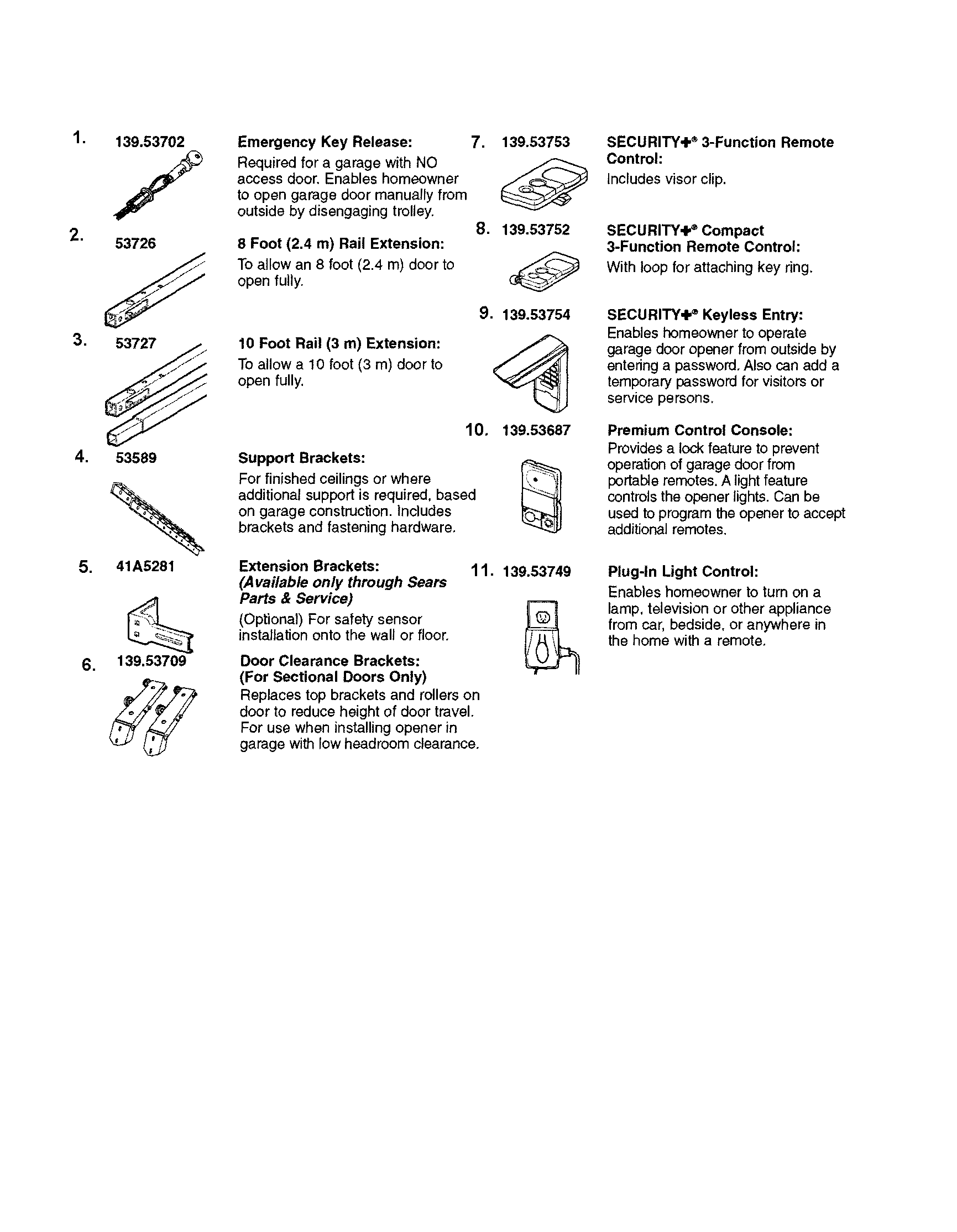 Accessories Diagram and Parts List for 13953997D  Craftsman Garage Door Opener