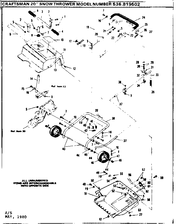 Main Frame Diagram and Parts List for 536819502  Craftsman Snow Blower