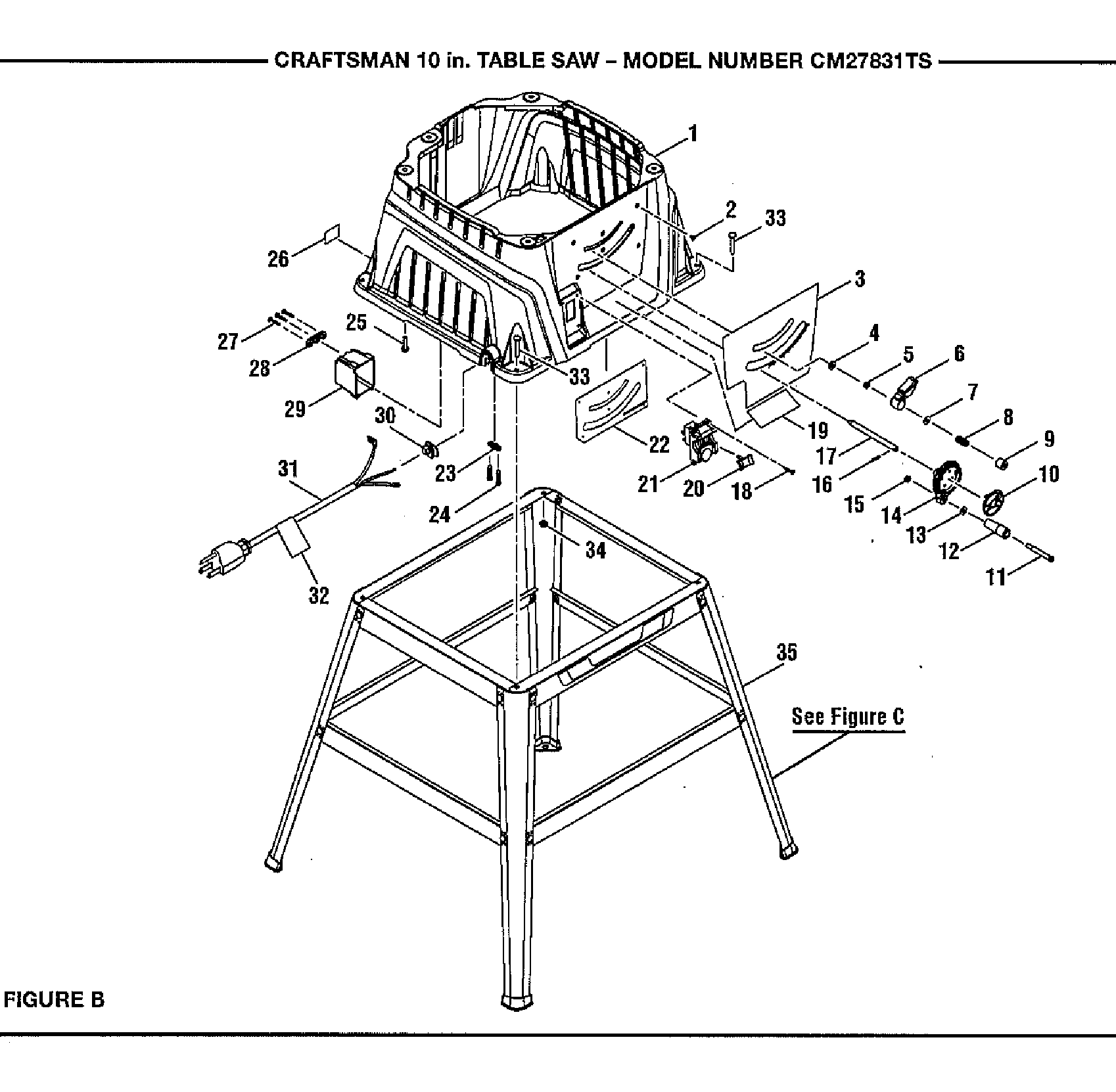 Base Diagram and Parts List for 315CM27831TS  Craftsman Table Saw