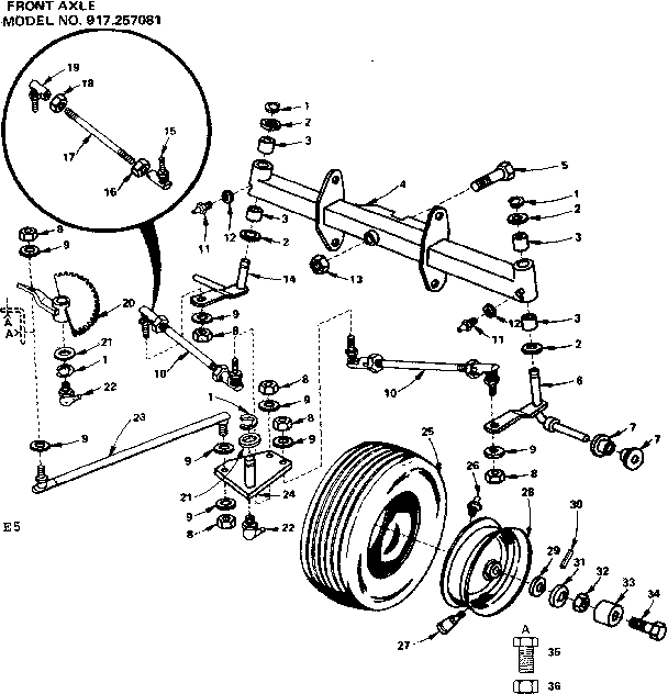 Front Axle Diagram and Parts List for 917257081  Craftsman Lawn Tractor