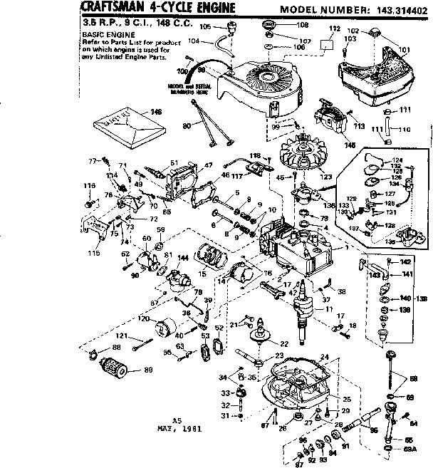 Replacement Parts Diagram and Parts List for 143314402  Craftsman Engine
