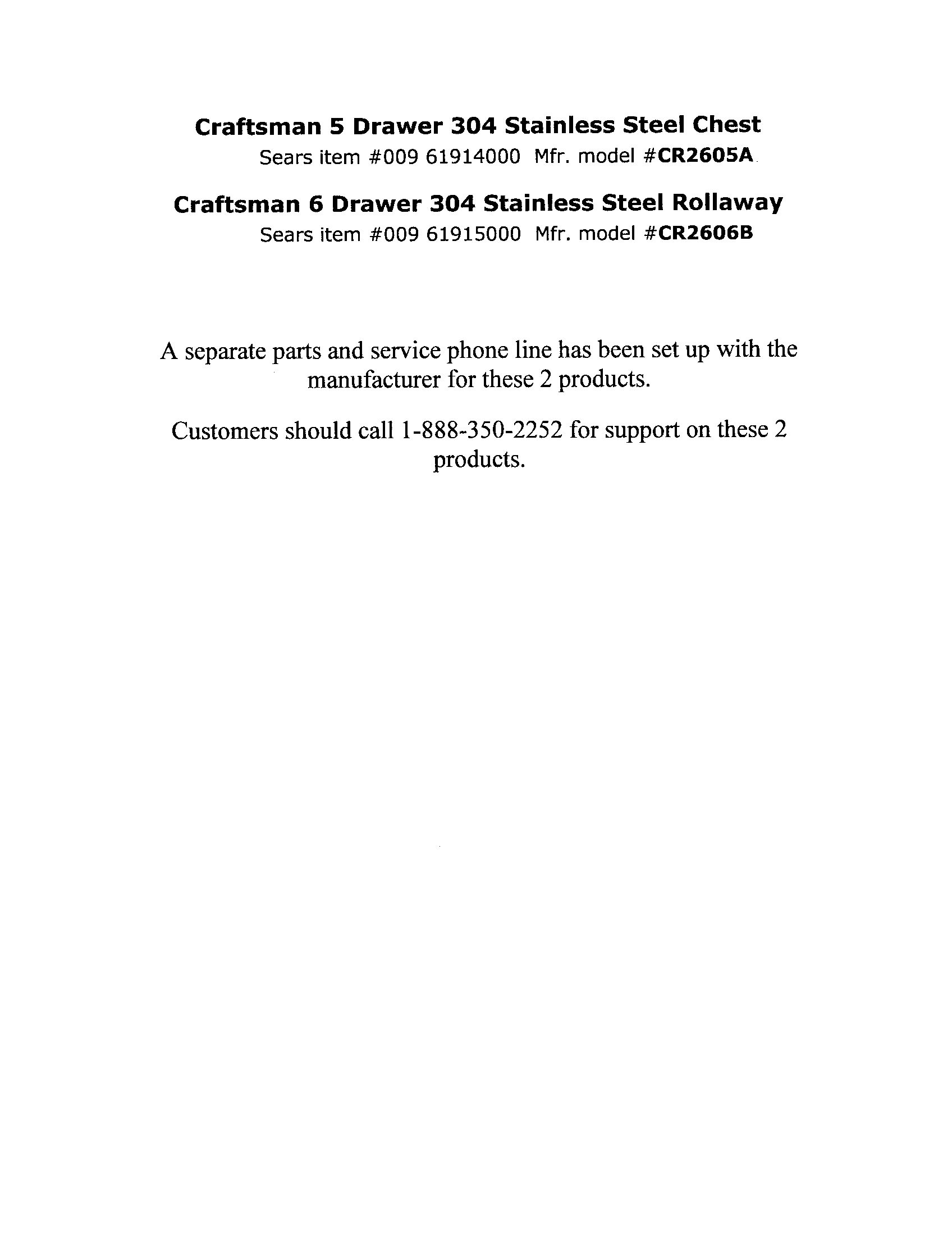 Stainless Steel Chest/rollaway Diagram and Parts List for CR2605A  Craftsman Tool Stand & Cart
