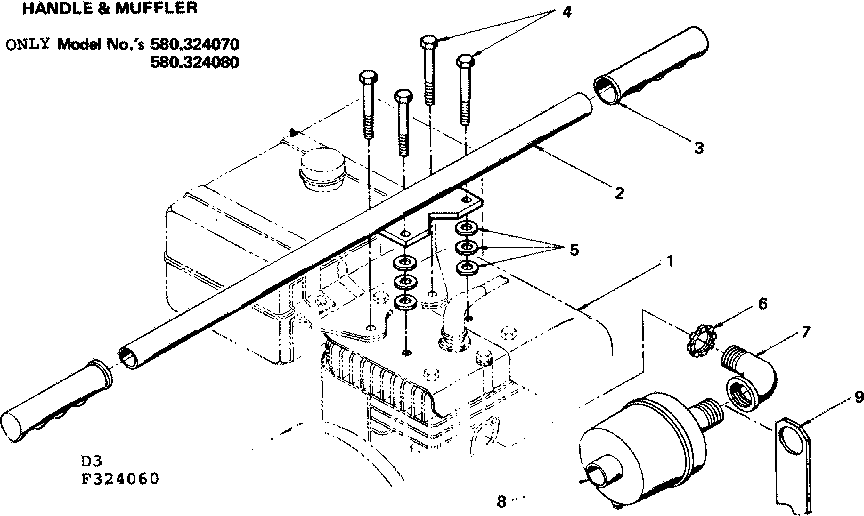 Handle & Muffler Diagram and Parts List for 580324061  Craftsman Engine