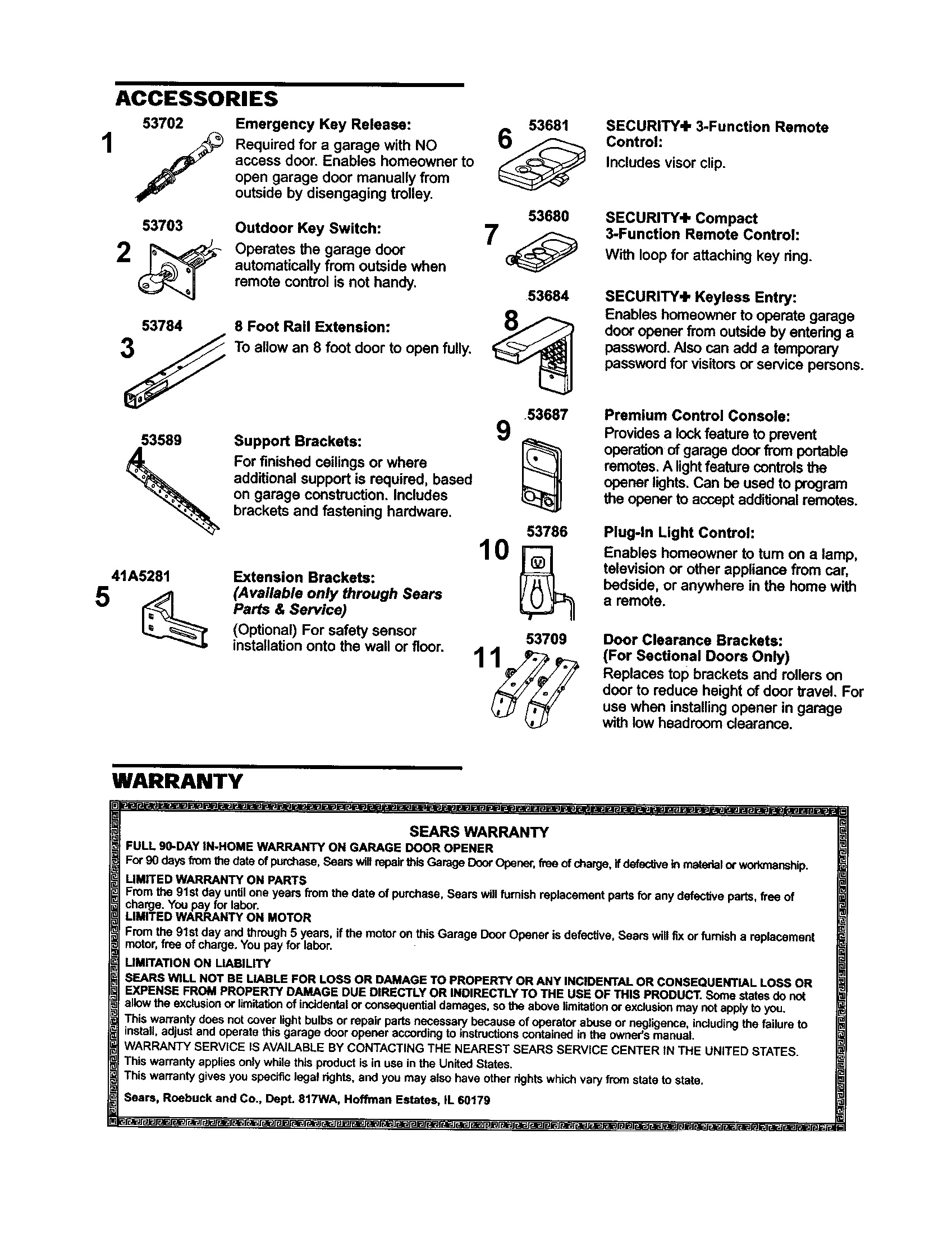 Accessories Diagram and Parts List for 13953954  Craftsman Garage Door Opener