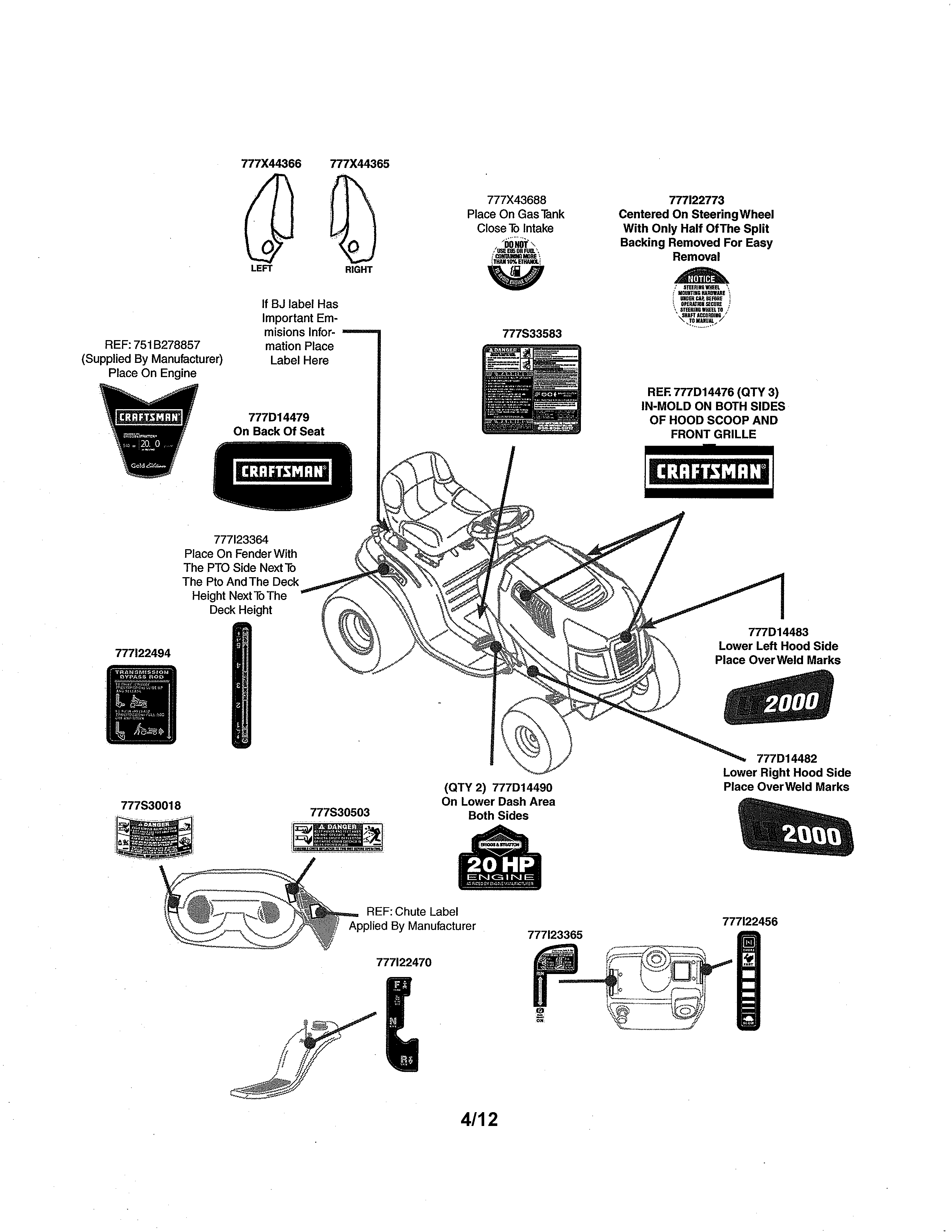Decals Diagram and Parts List for 247289050  Craftsman Lawn Tractor