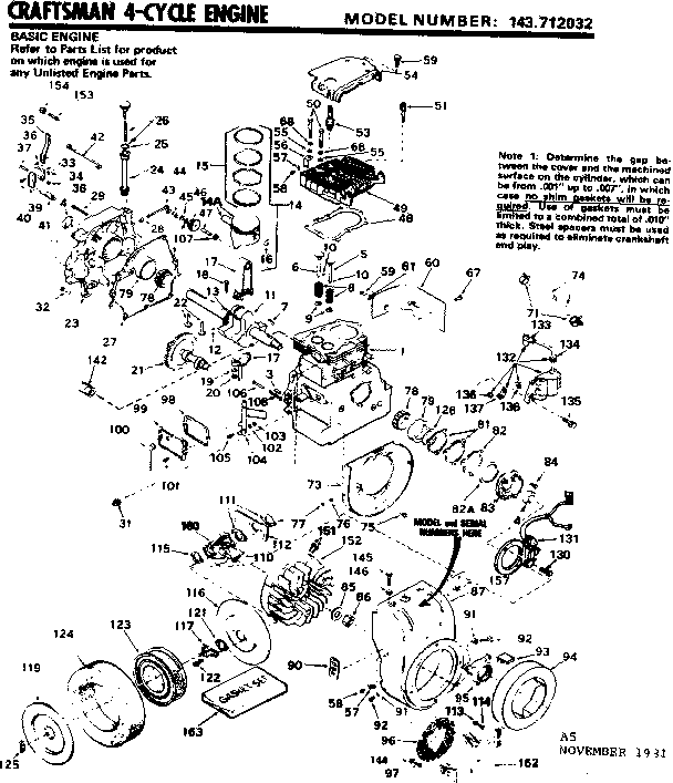 Replacement Parts Diagram and Parts List for 143712032  Craftsman Engine