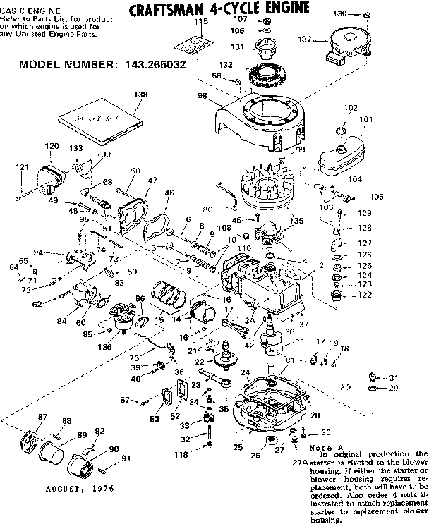 Replacement Parts Diagram and Parts List for 143265032  Craftsman Engine