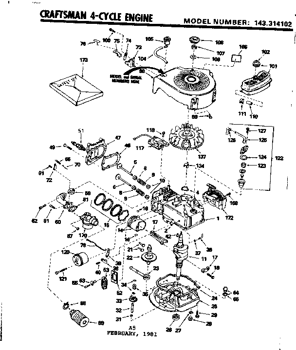 Replacement Parts Diagram and Parts List for 143314102  Craftsman Engine