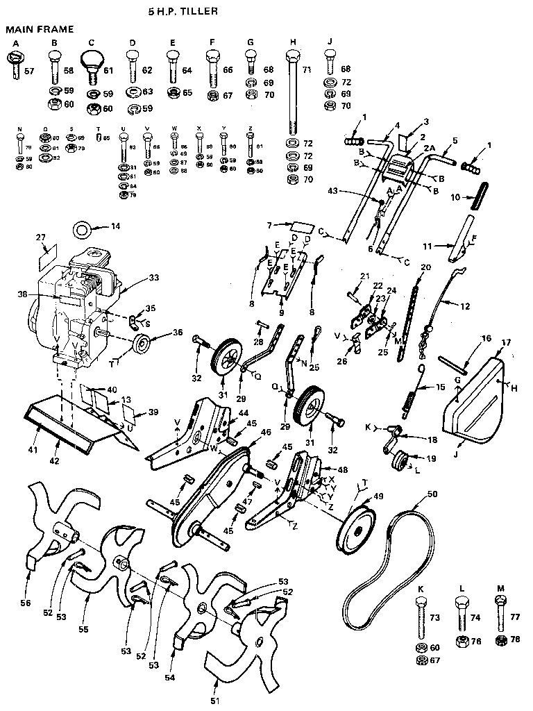 Main Frame Diagram and Parts List for 917299443  Craftsman Tiller