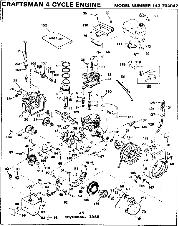 Replacement Parts Diagram and Parts List for 143704042  Craftsman Engine