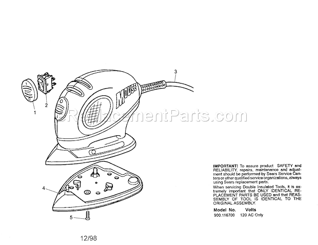 Mouse Sander / Polisher Diagram and Parts List for 900116700  Craftsman Sander Polisher