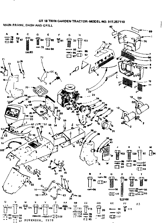 Main Frame, Dash And Grill Diagram and Parts List for 917257110  Craftsman Lawn Tractor