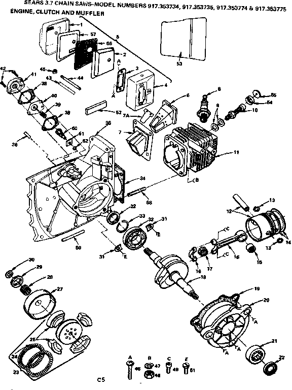 Engine Clutch And Muffler Diagram and Parts List for 917353734  Craftsman Chainsaw