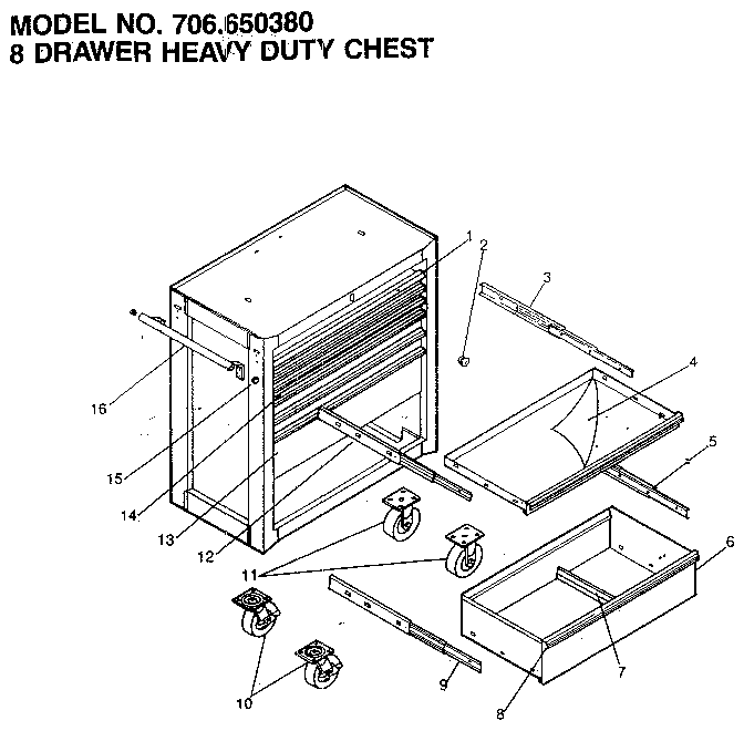 8 Drawer Heavy Duty Chest Diagram and Parts List for 706650380  Craftsman Tool Stand & Cart