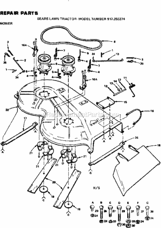Page H Diagram and Parts List for 917255274  Craftsman Lawn Tractor