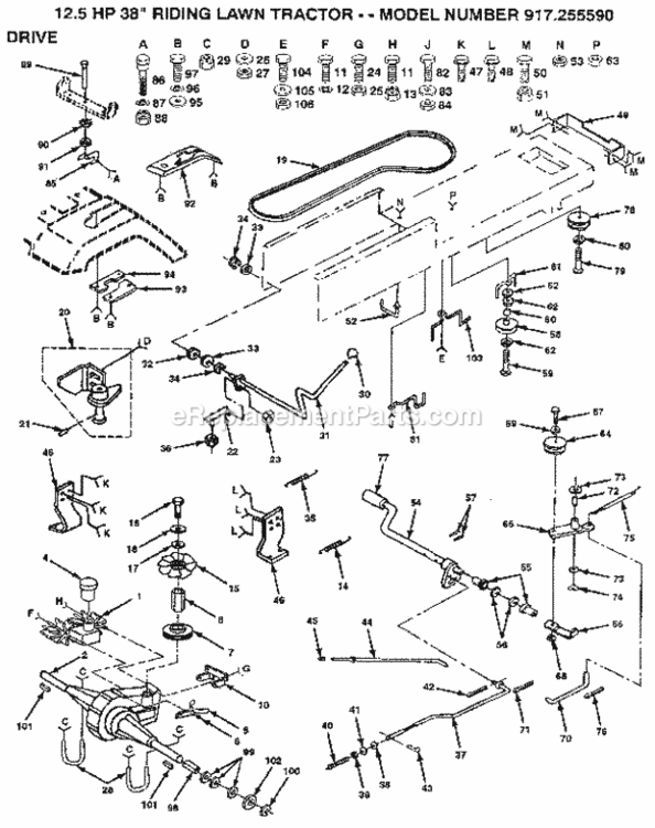 Page E Diagram and Parts List for 917255590  Craftsman Lawn Tractor