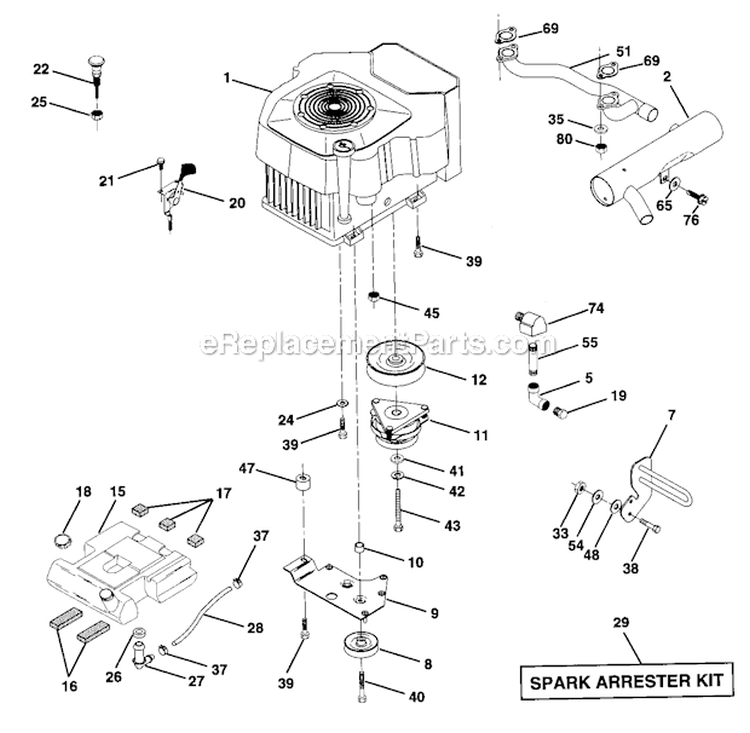 Engine Diagram and Parts List for 917273023  Craftsman Lawn Tractor