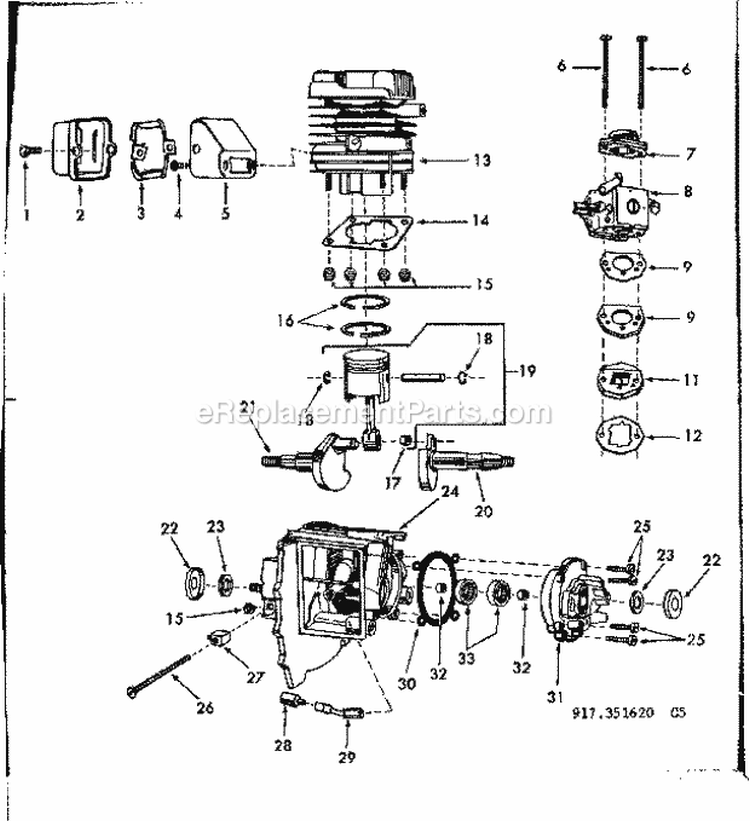 Cylinder Assembly Diagram and Parts List for 917351620  Craftsman Chainsaw
