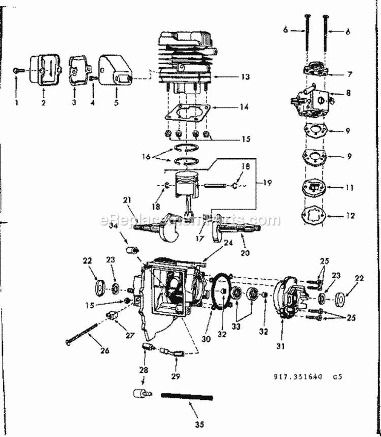 Cylinder Assembly Diagram and Parts List for 917351640  Craftsman Chainsaw