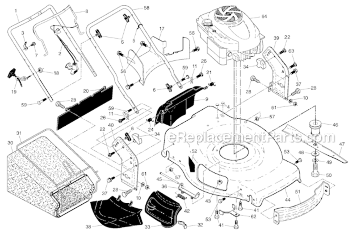 HandleEngineHousing Diagram and Parts List for 917374352  Craftsman Lawn Mower