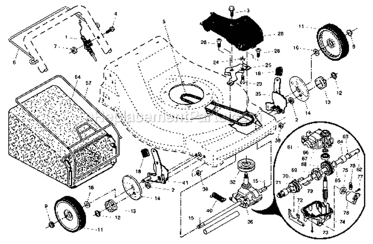 Gear Case / Wheels / Grassbag Diagram and Parts List for 917376080  Craftsman Lawn Mower